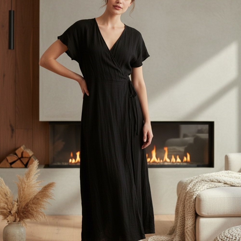 Lulus Black Crinkle Textured Wrap Maxi Dress XL Boho Minimalist V-Neck